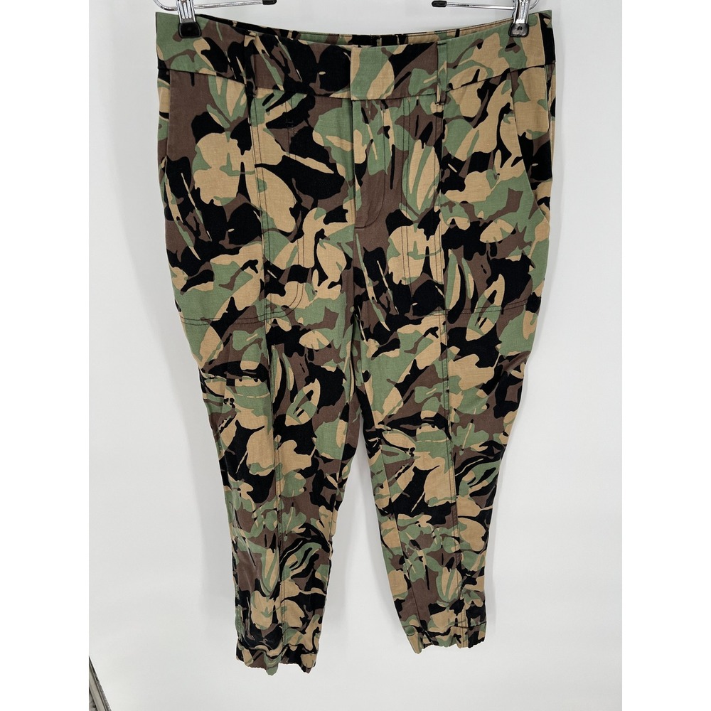 CHICO'S‎ Linen Blend Camouflage Ankle Pants Womens 0.5 Size 6 Green Tapered Leg